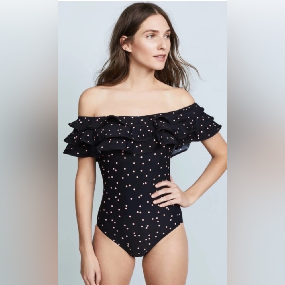 Kate Spade Anna Maria Island Ruffle Off the Shoulder One-Piece - black polka dot